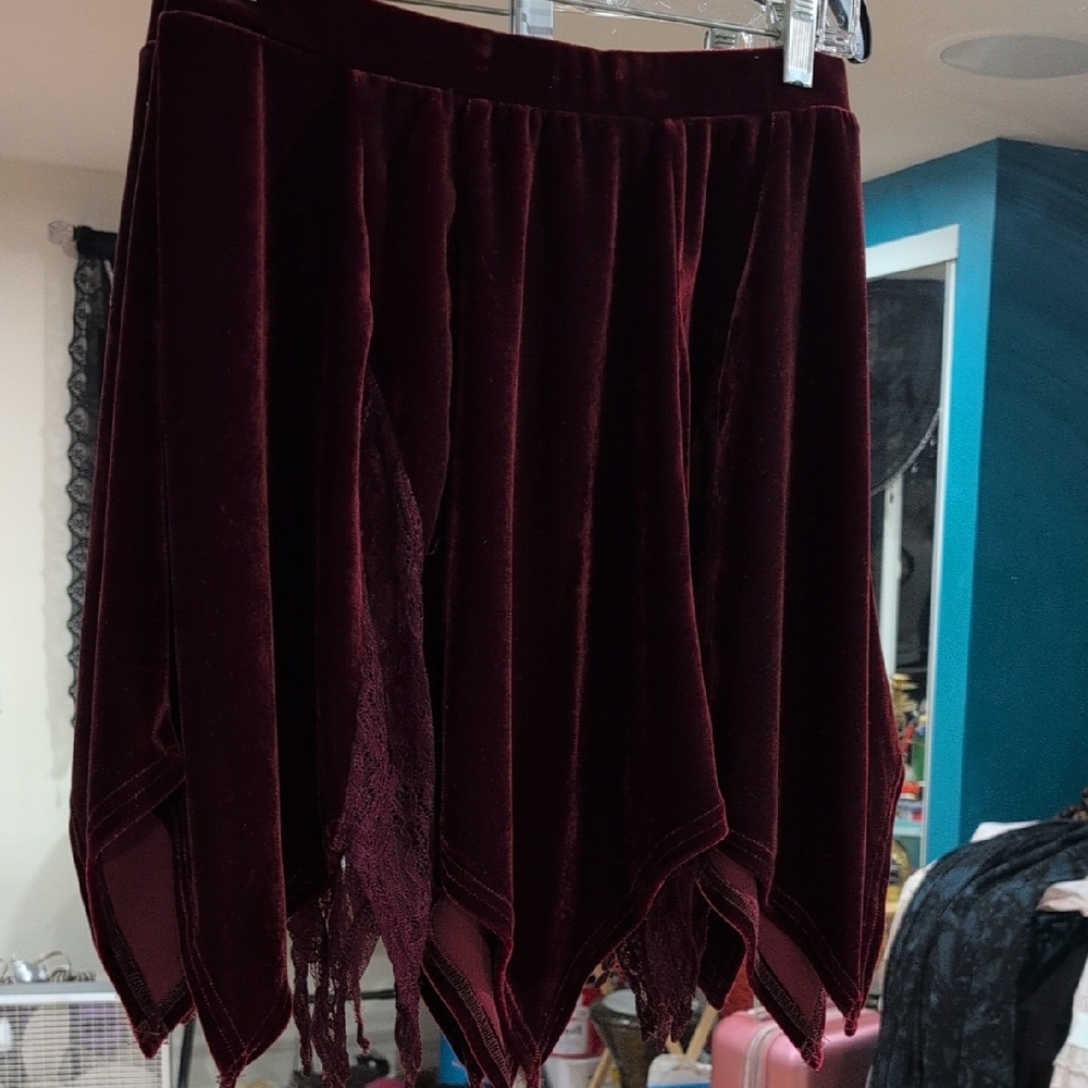 Killstar Asymmetrical Velvet Skirt in Deep Burgundy